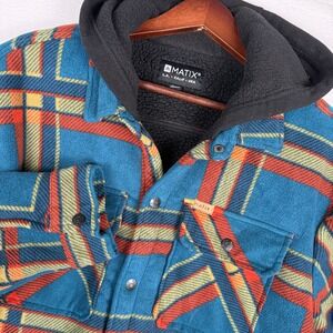 Matix Mens XL Plaid Fleece Sherpa Lined Hooded Shirt Jacket Teal Orange Shacket